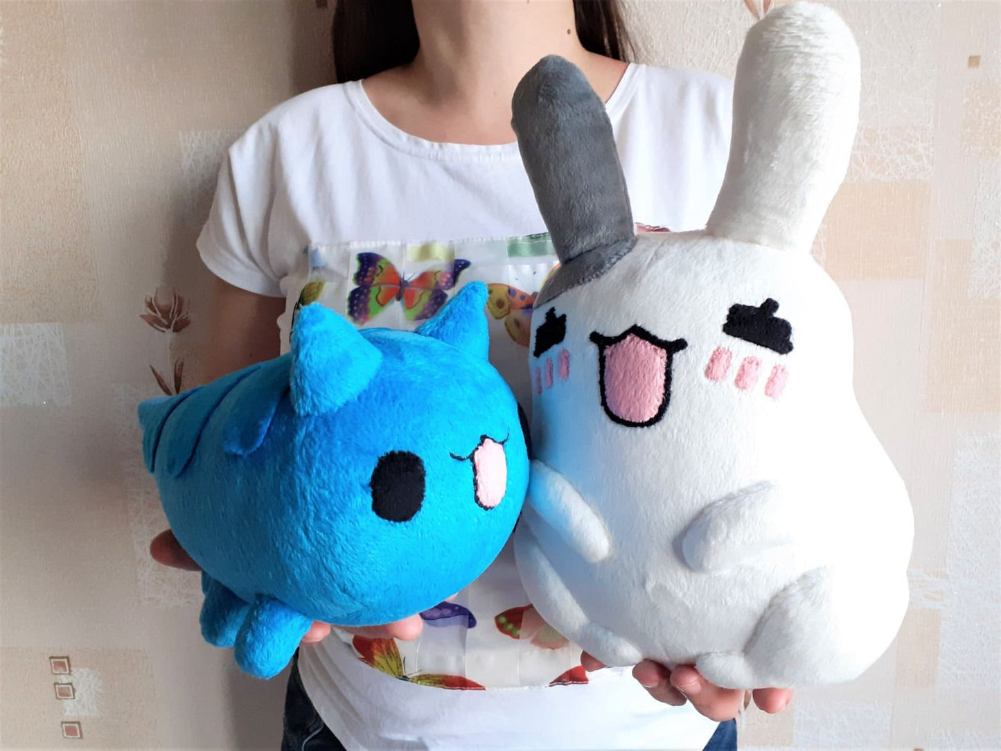 Handmade custom Bugcat and Bunny plushies